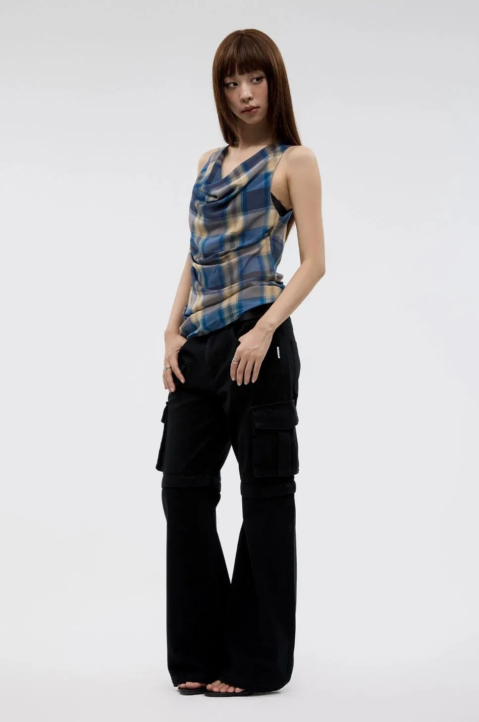 Plaid Cowl Neck Sleeveless  Top