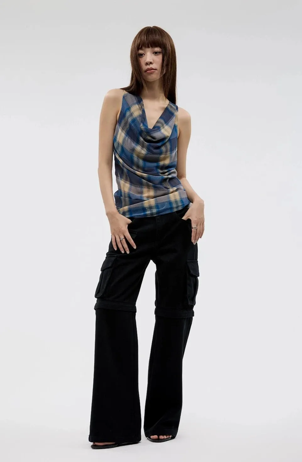 Plaid Cowl Neck Sleeveless  Top