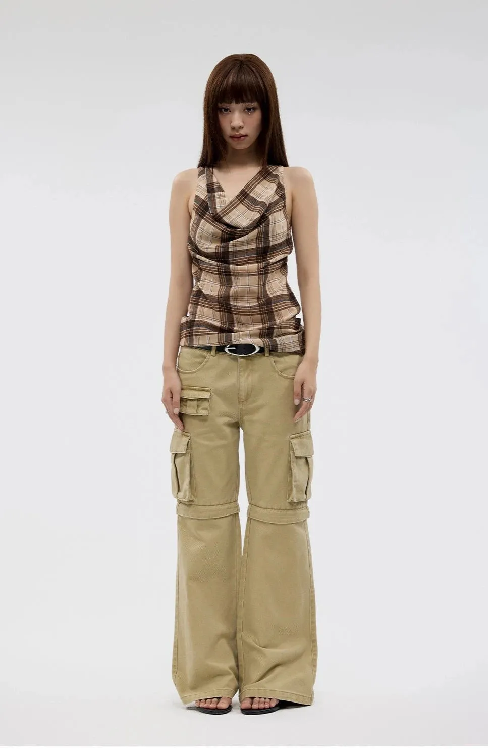 Plaid Cowl Neck Sleeveless  Top