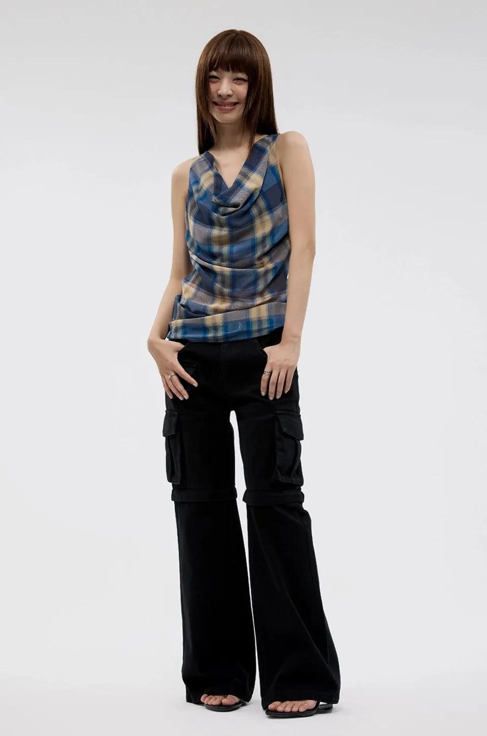 Plaid Cowl Neck Sleeveless  Top