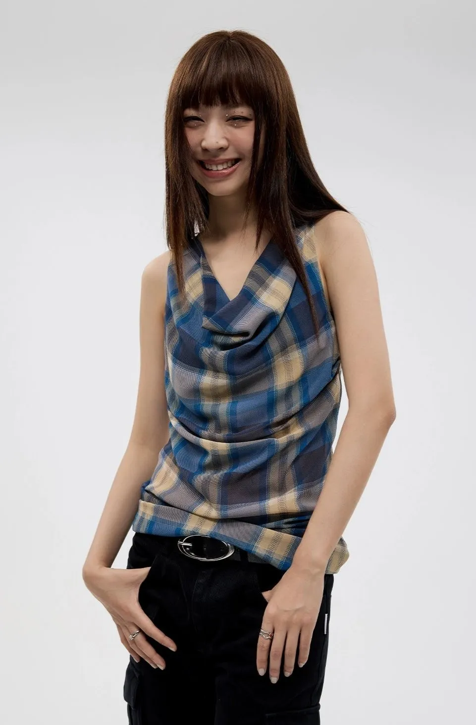 Plaid Cowl Neck Sleeveless  Top