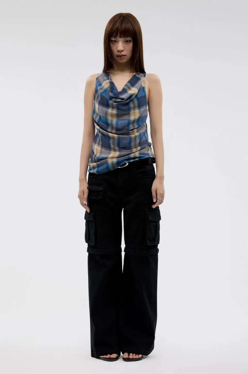 Plaid Cowl Neck Sleeveless  Top