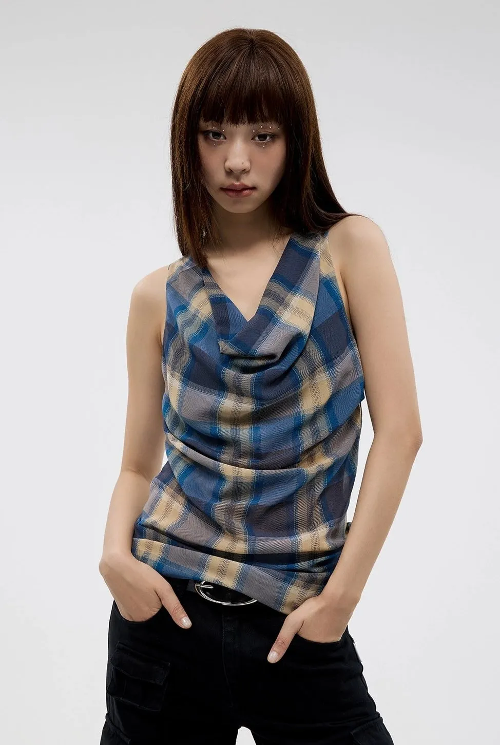 Plaid Cowl Neck Sleeveless  Top