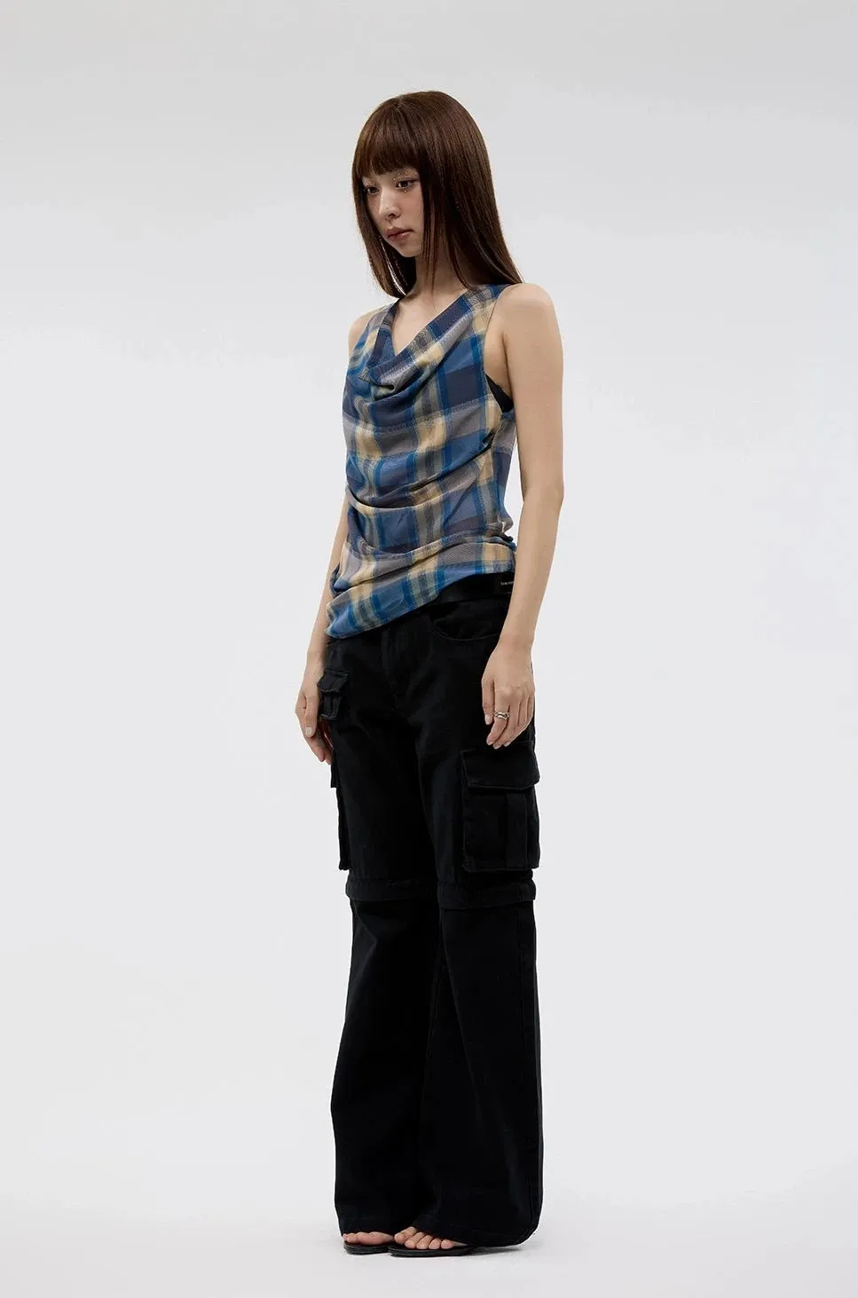 Plaid Cowl Neck Sleeveless  Top