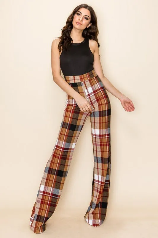 PLAID HIGH WAISTED PANT- Brown Combo