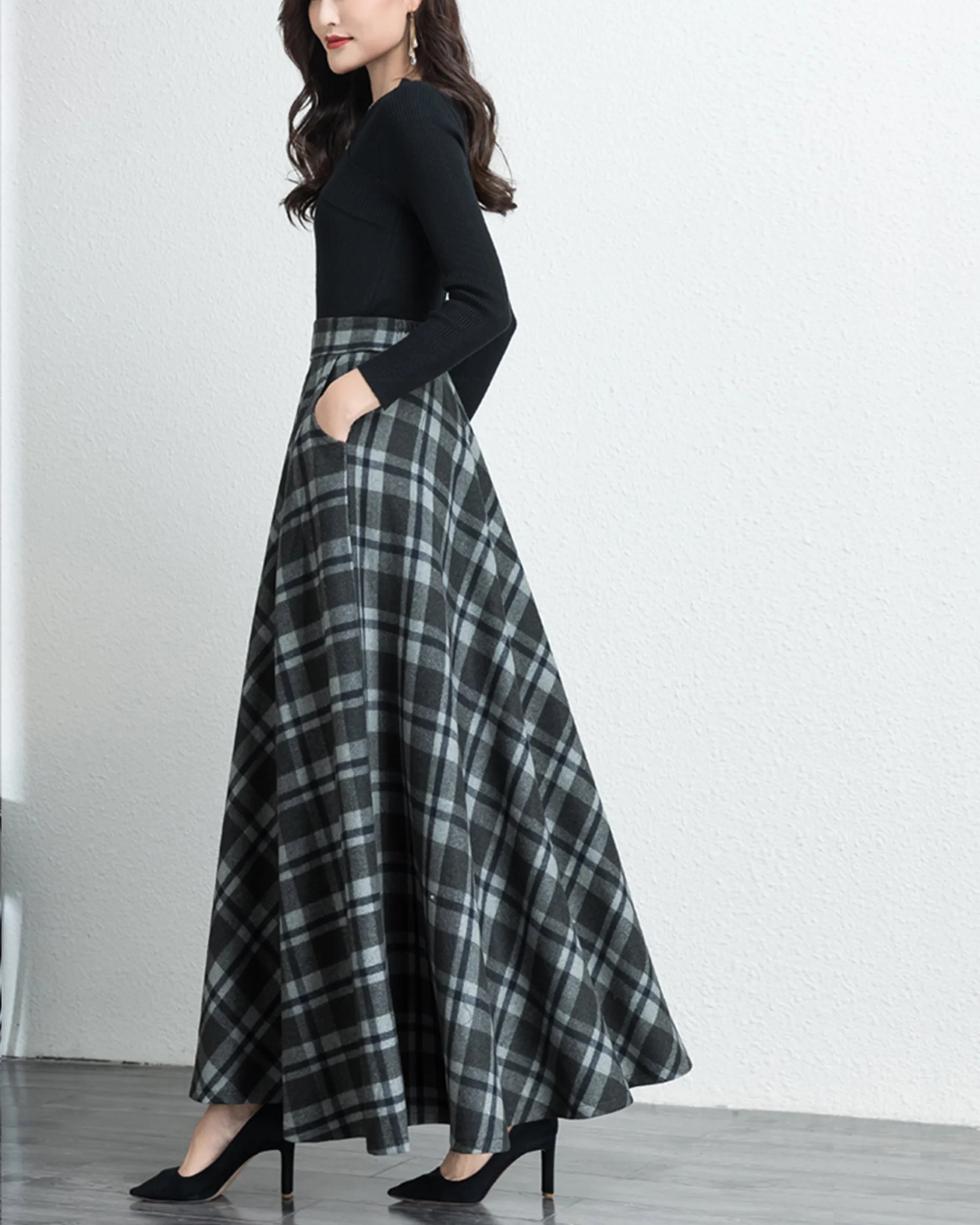 Plaid skirt, Winter skirt, wool skirt, long skirt, vintage skirt, high waist skirt, midi skirt(Q1078)