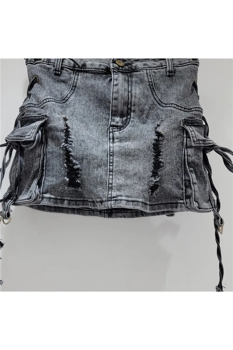 QK0691 Distressed Denim Mini Skirt