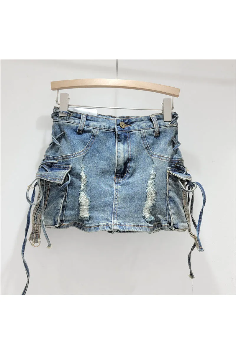 QK0691 Distressed Denim Mini Skirt