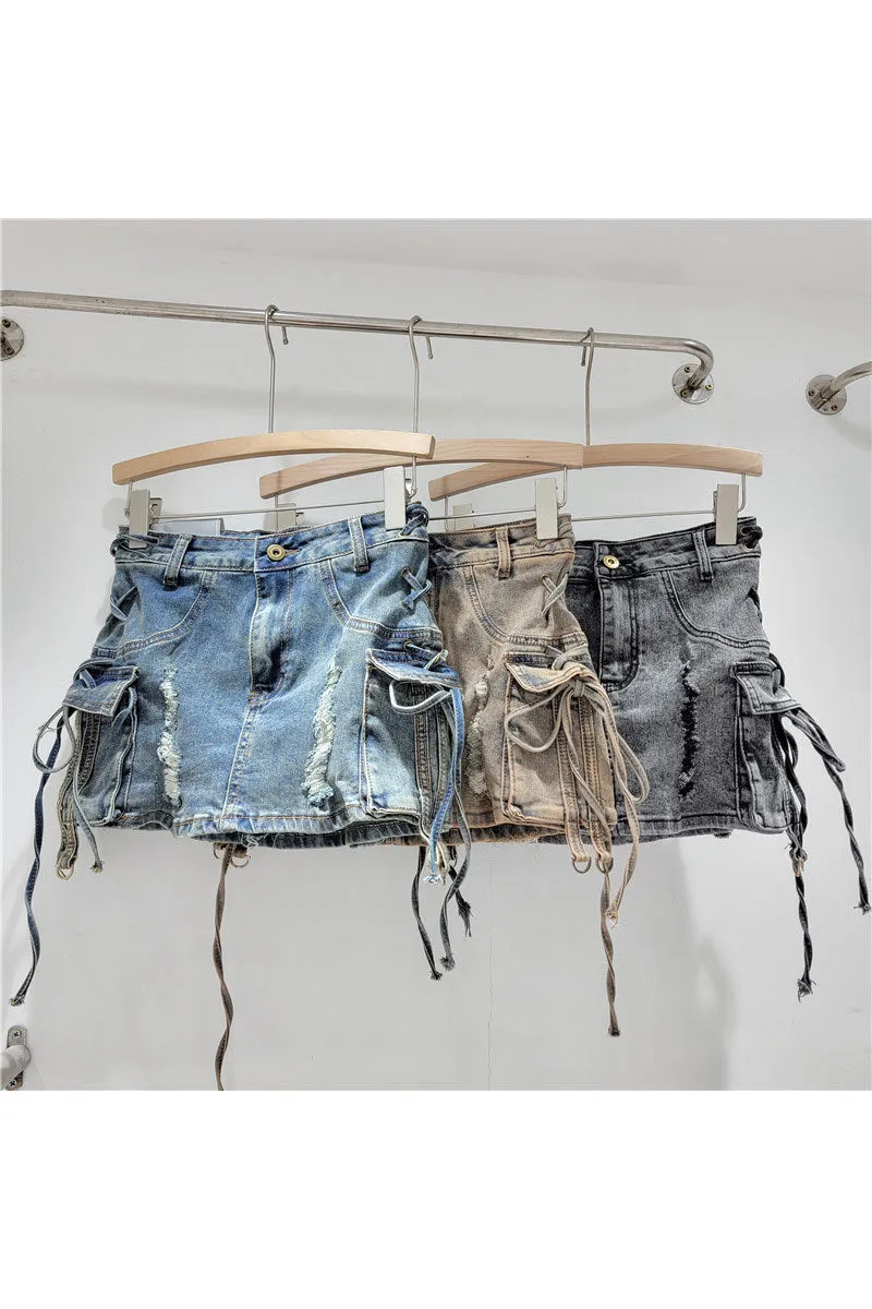 QK0691 Distressed Denim Mini Skirt