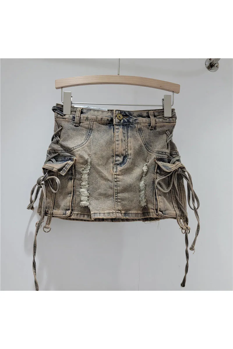 QK0691 Distressed Denim Mini Skirt