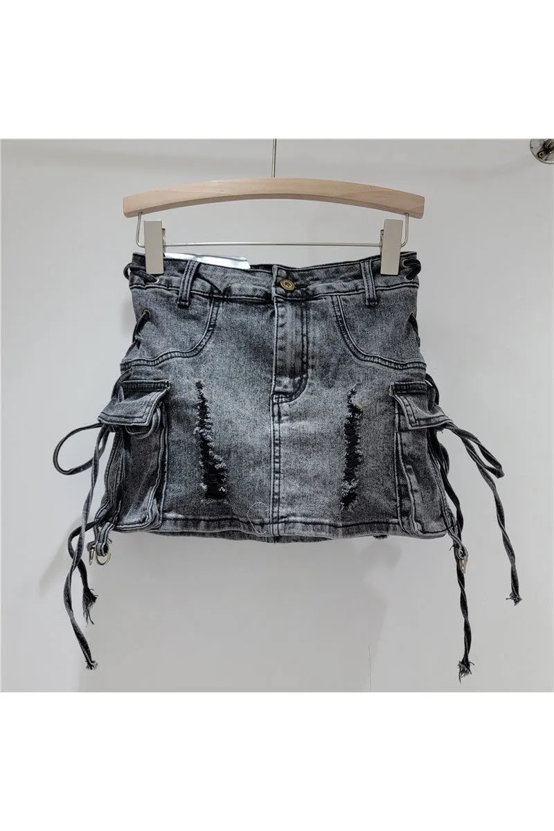 QK0691 Distressed Denim Mini Skirt