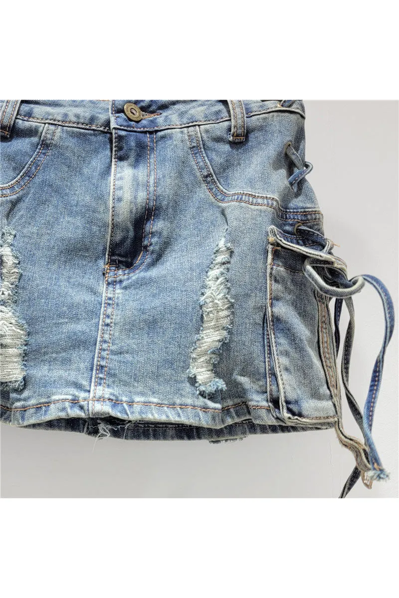 QK0691 Distressed Denim Mini Skirt