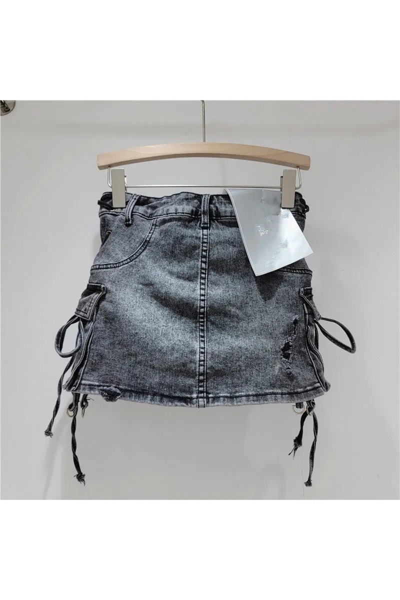 QK0691 Distressed Denim Mini Skirt