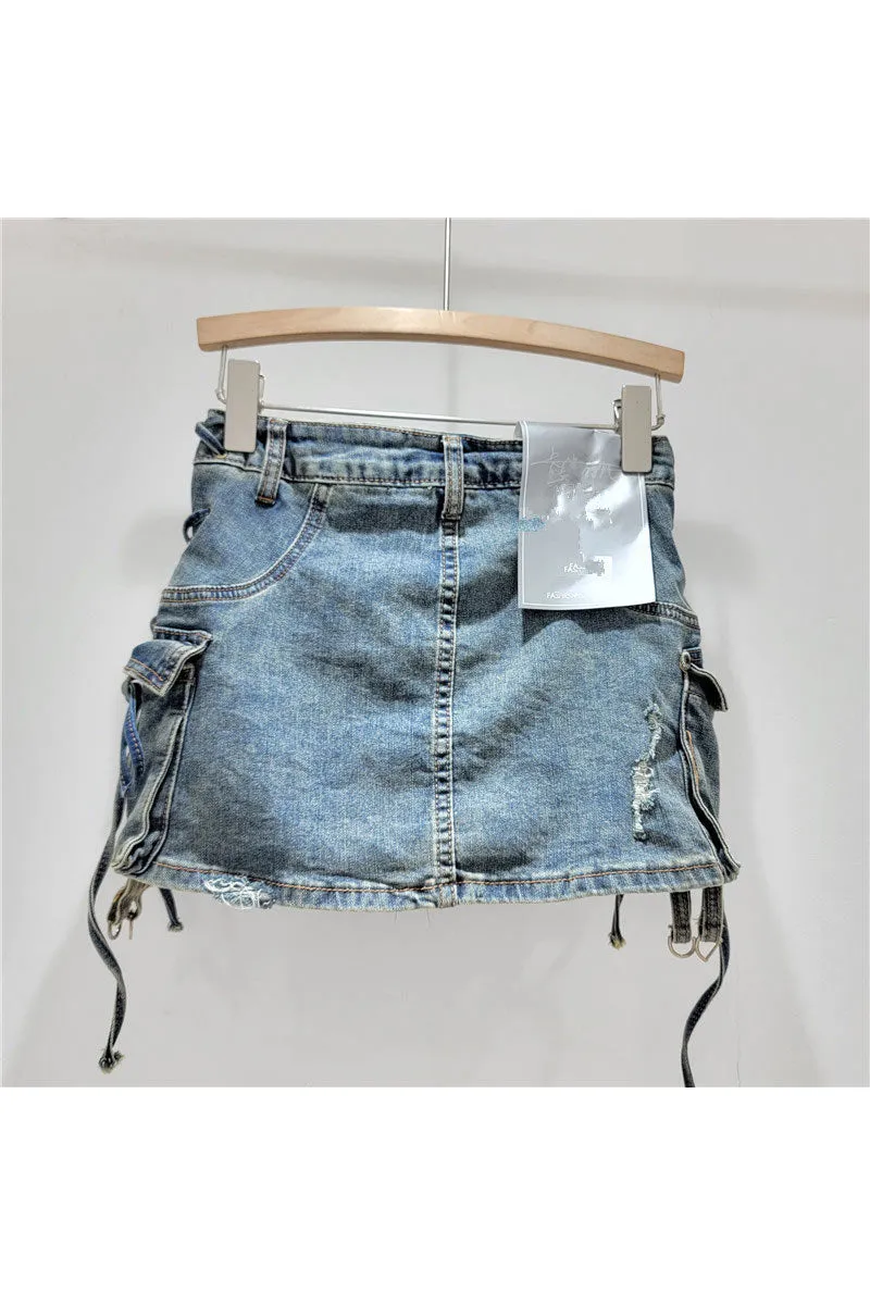 QK0691 Distressed Denim Mini Skirt
