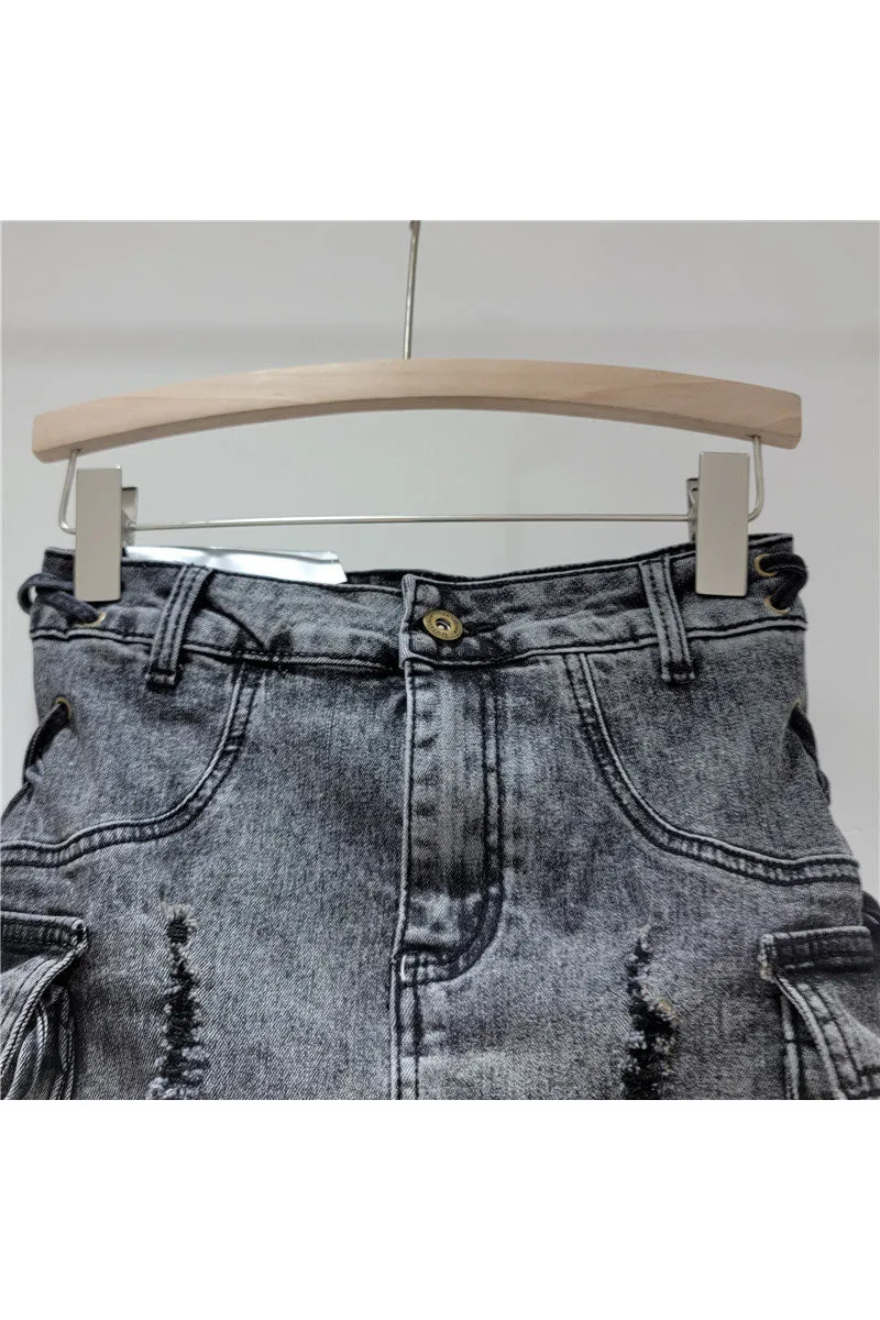 QK0691 Distressed Denim Mini Skirt