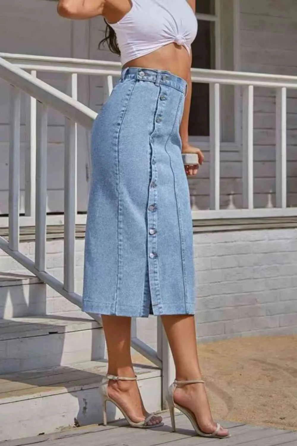 Retro High-Rise Waist Button Front Split Side Retro Blue Jean Midi Denim Pencil Skirt