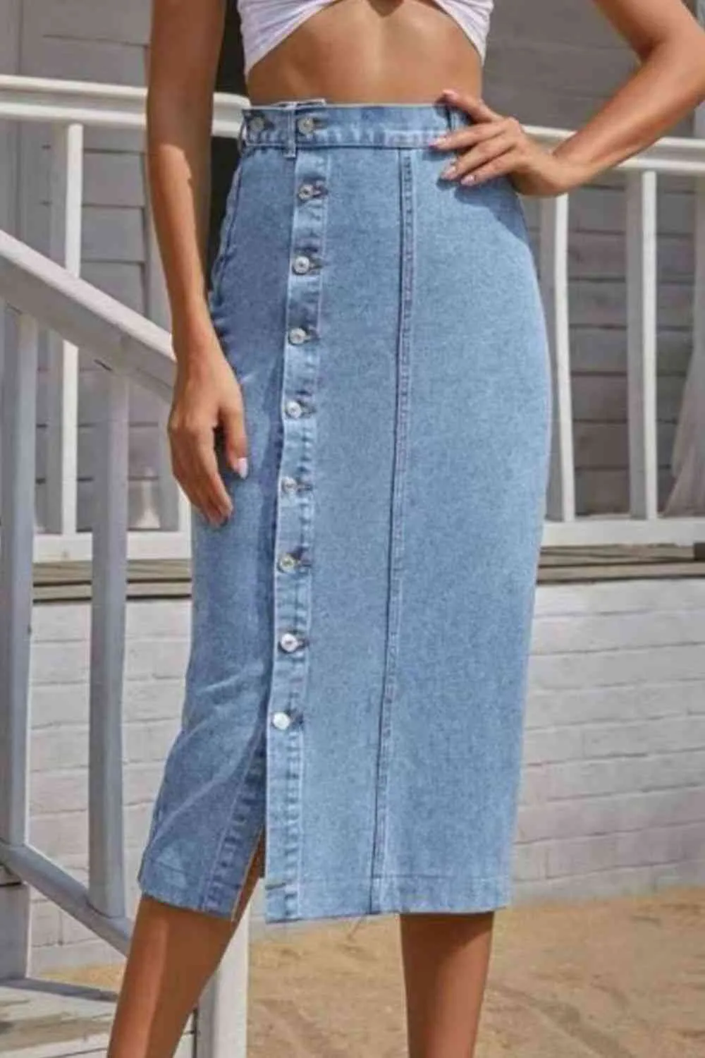 Retro High-Rise Waist Button Front Split Side Retro Blue Jean Midi Denim Pencil Skirt