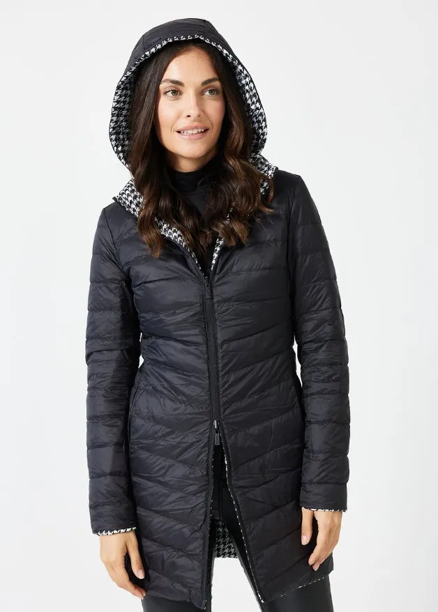 Reversible Black Houndstooth Duck Down Puffer Coat