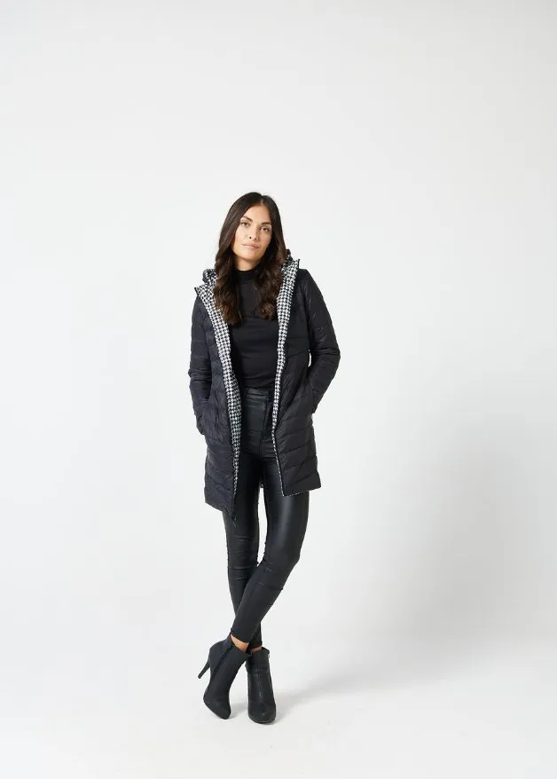 Reversible Black Houndstooth Duck Down Puffer Coat