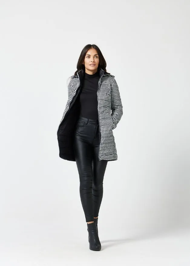 Reversible Black Houndstooth Duck Down Puffer Coat