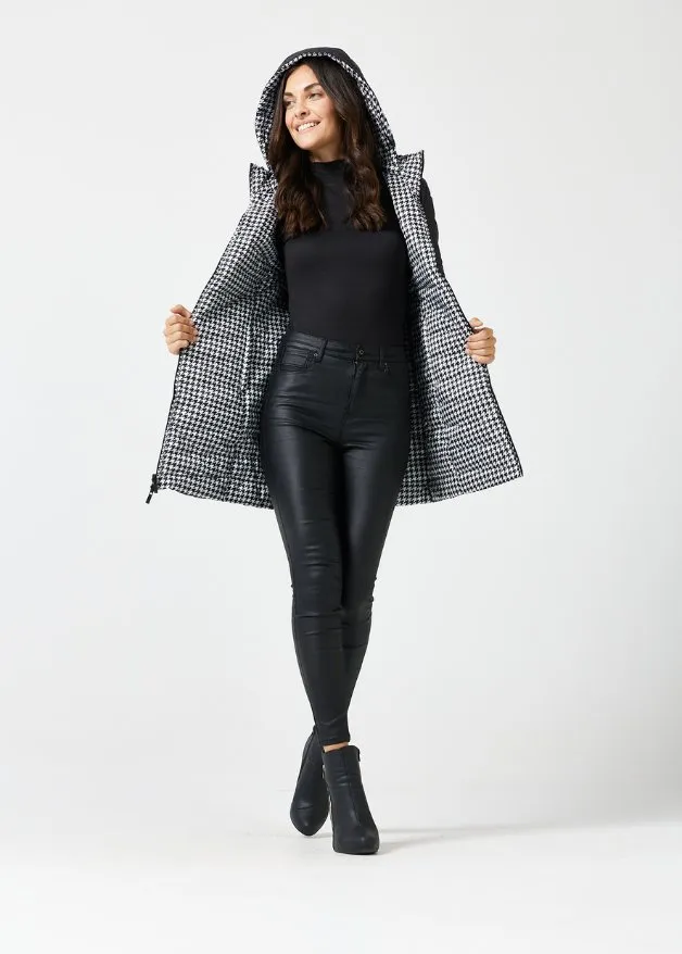 Reversible Black Houndstooth Duck Down Puffer Coat