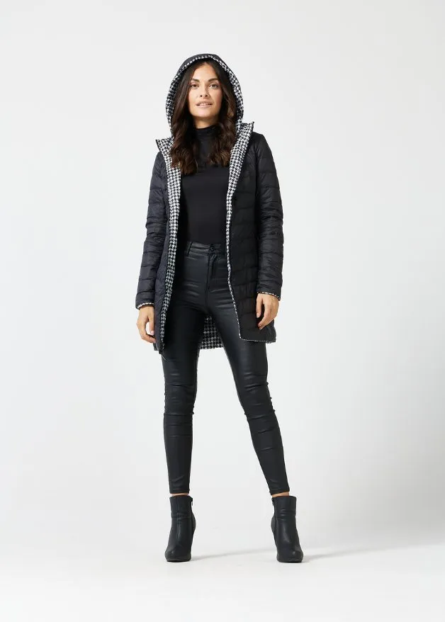 Reversible Black Houndstooth Duck Down Puffer Coat