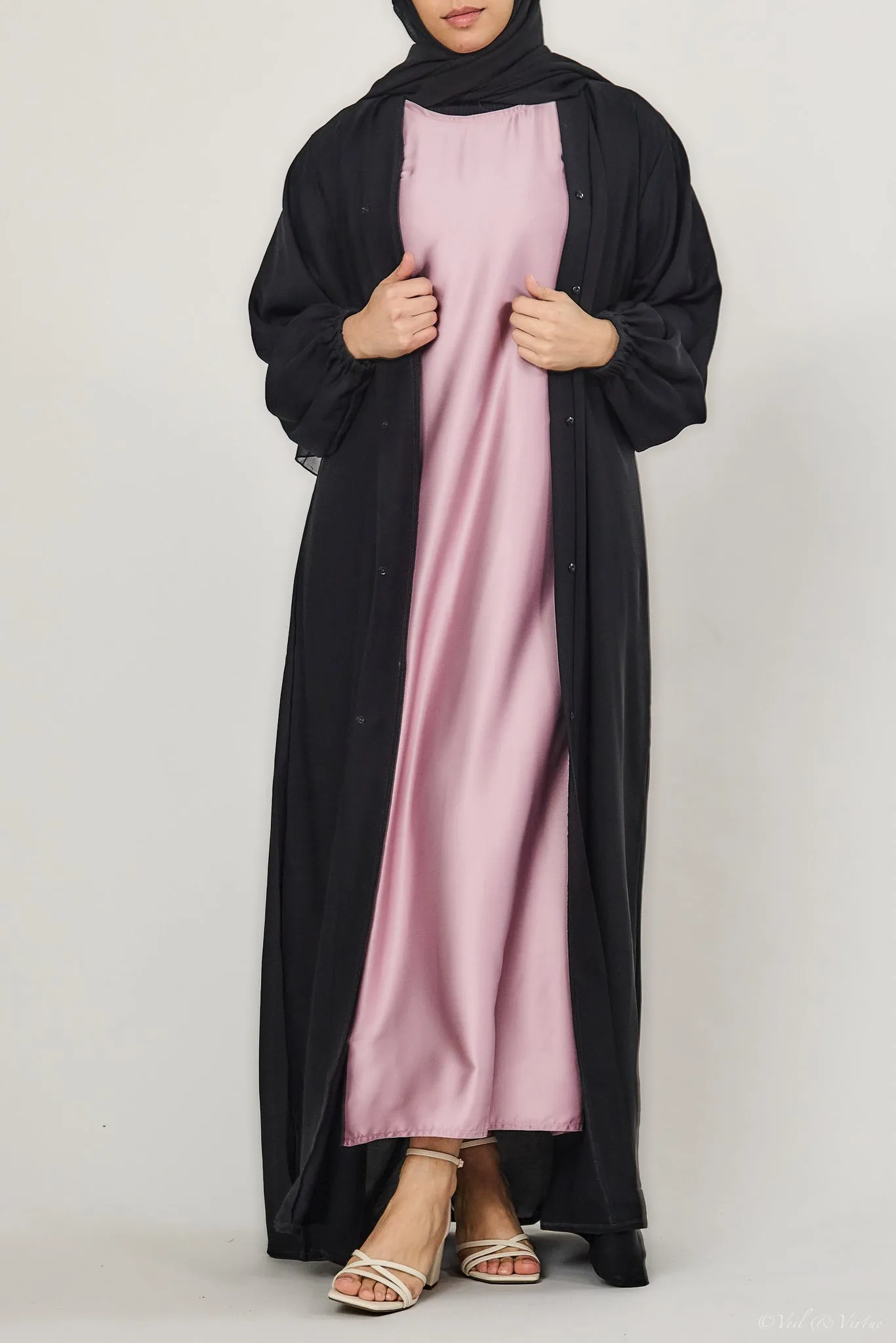 Rose Pink Short-Sleeved Satin Abaya Slip Dress