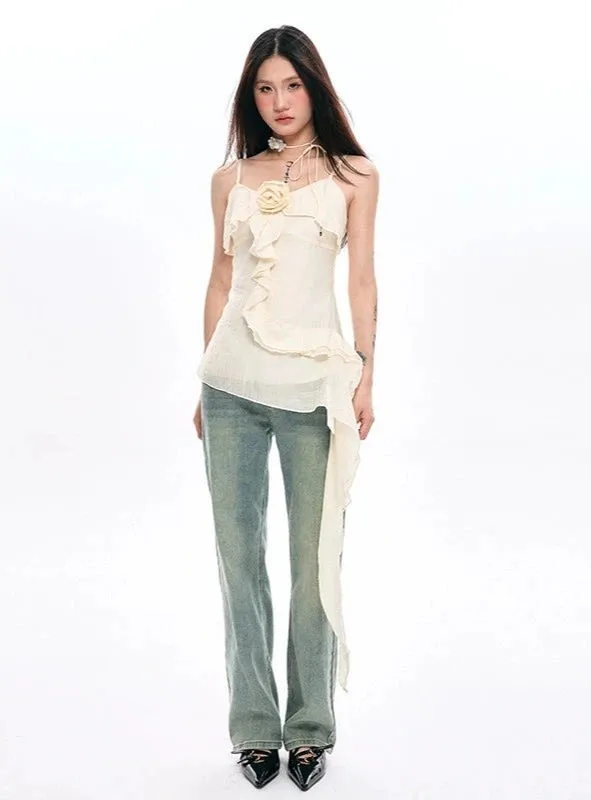 Ruffled Asymmetrical Camisole Top with Floral Accent