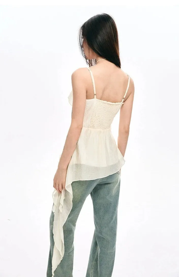 Ruffled Asymmetrical Camisole Top with Floral Accent