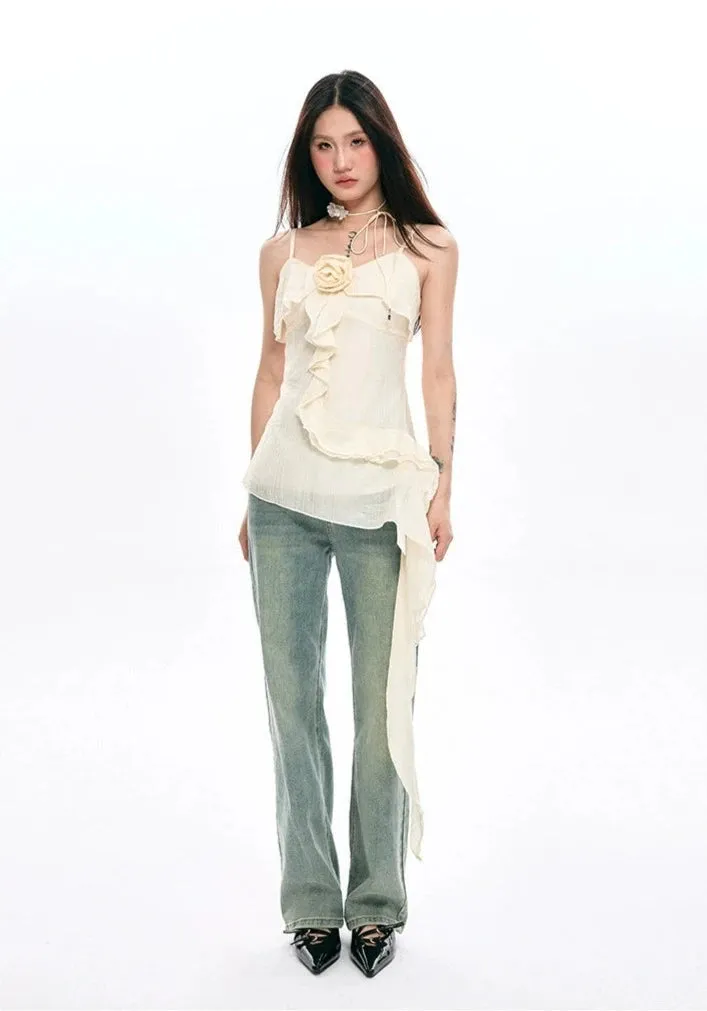 Ruffled Asymmetrical Camisole Top with Floral Accent