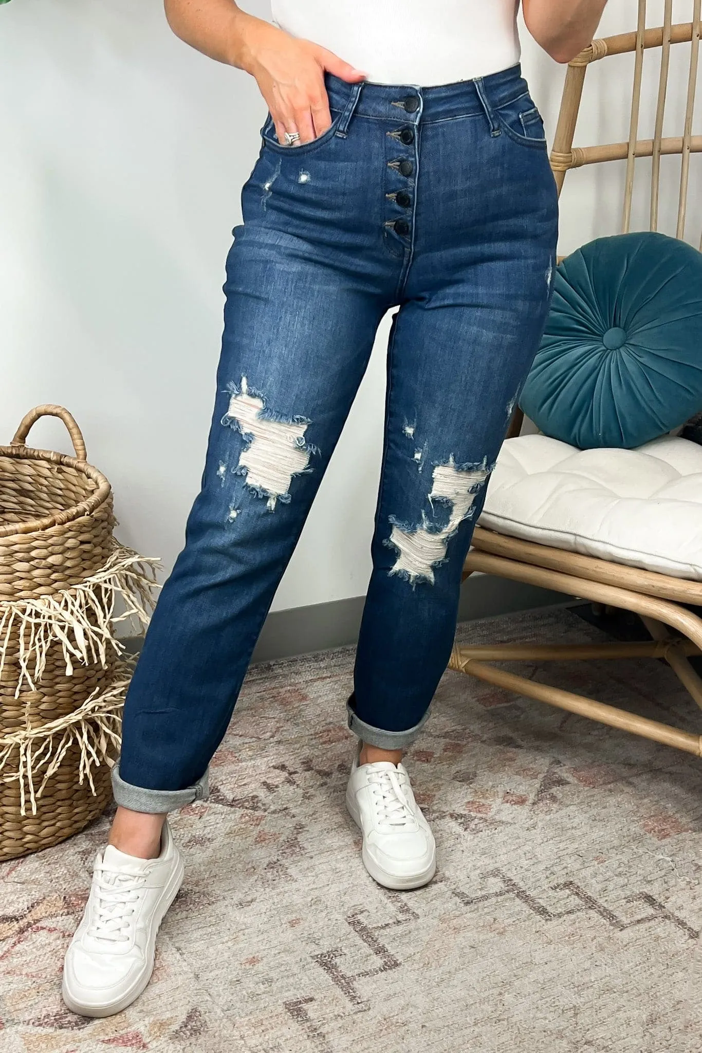 Sarina High Rise Button Fly Distressed Boyfriend Jeans - Judy Blue