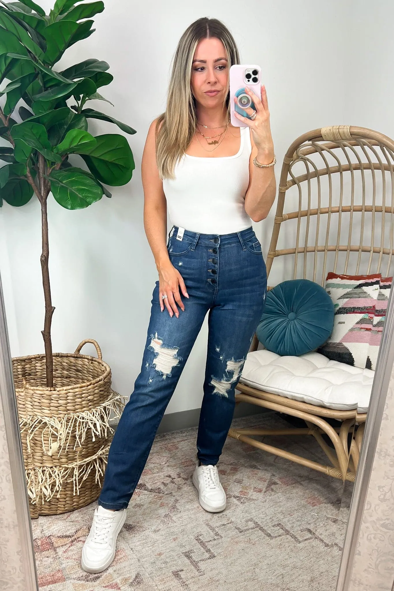 Sarina High Rise Button Fly Distressed Boyfriend Jeans - Judy Blue