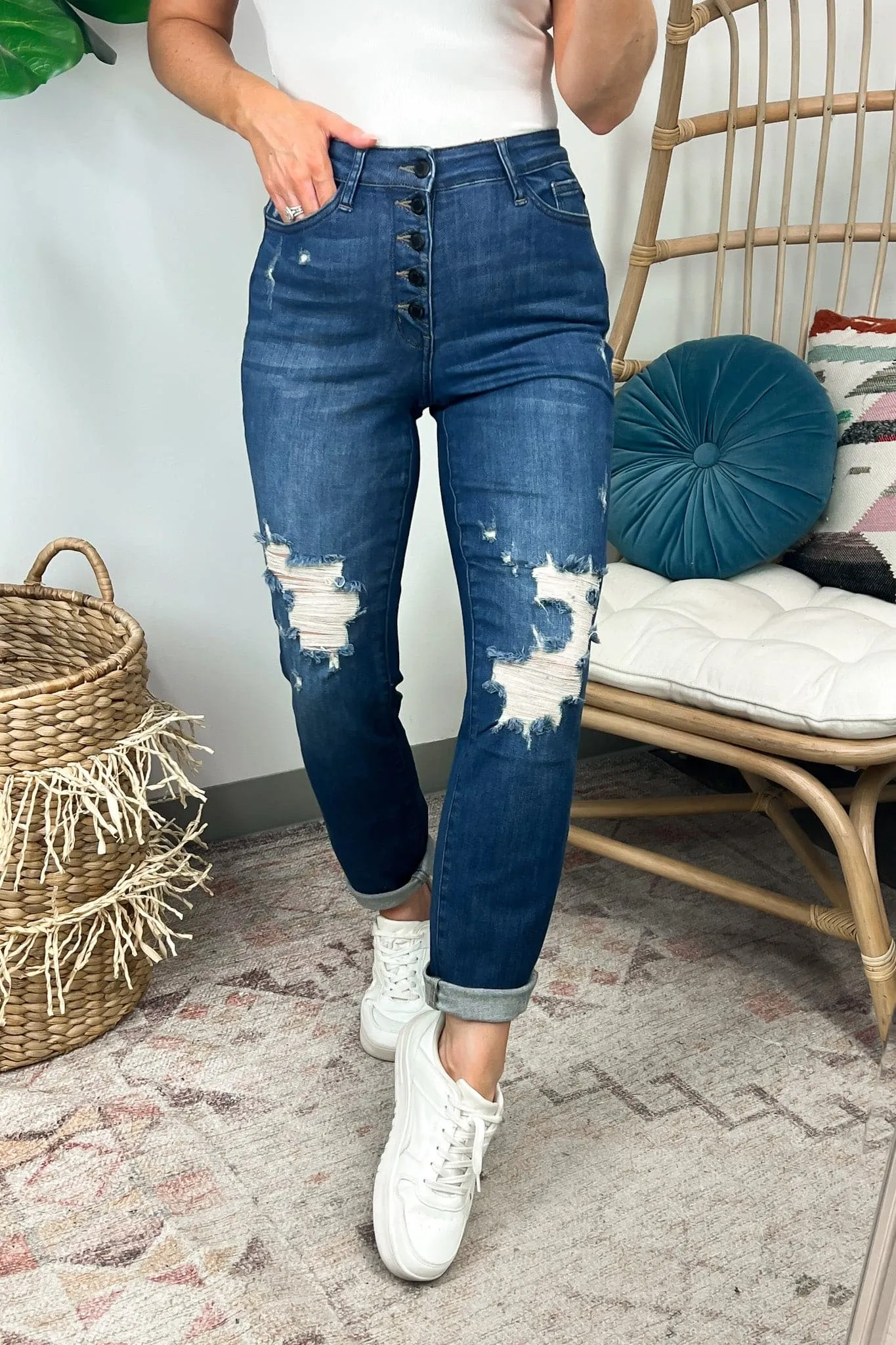 Sarina High Rise Button Fly Distressed Boyfriend Jeans - Judy Blue