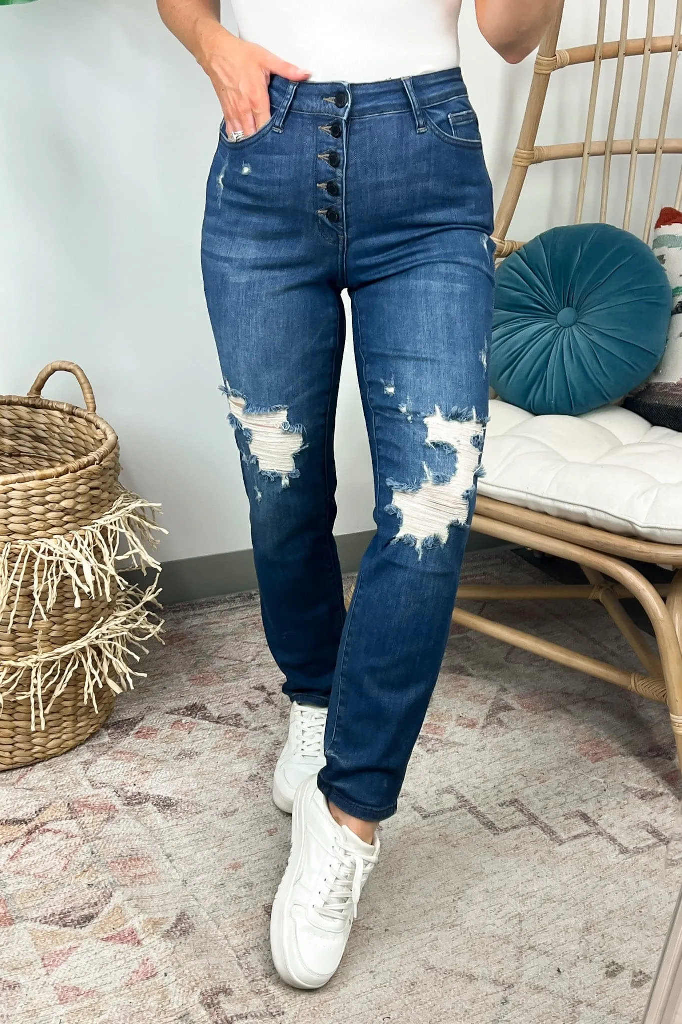 Sarina High Rise Button Fly Distressed Boyfriend Jeans - Judy Blue