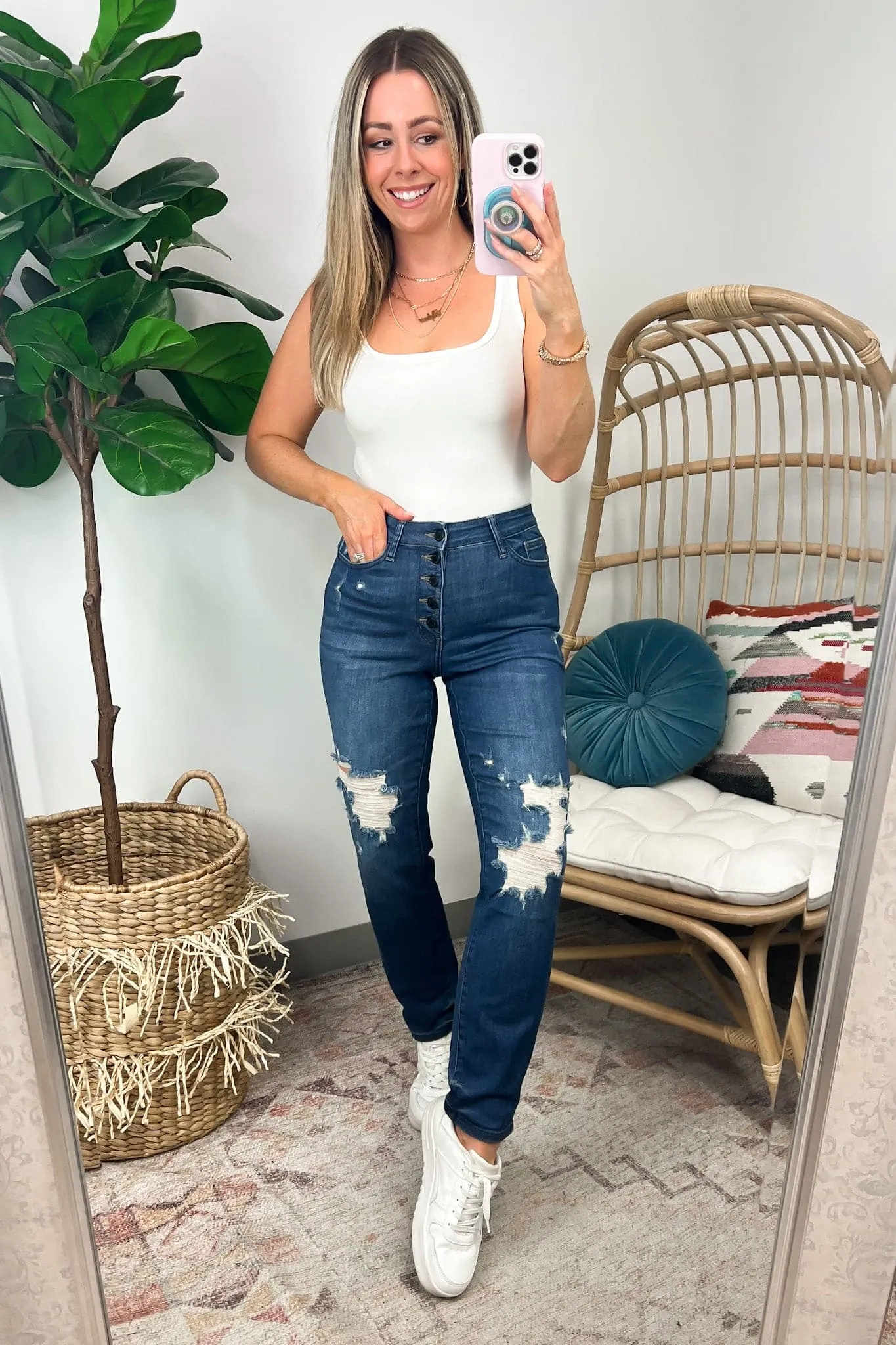 Sarina High Rise Button Fly Distressed Boyfriend Jeans - Judy Blue