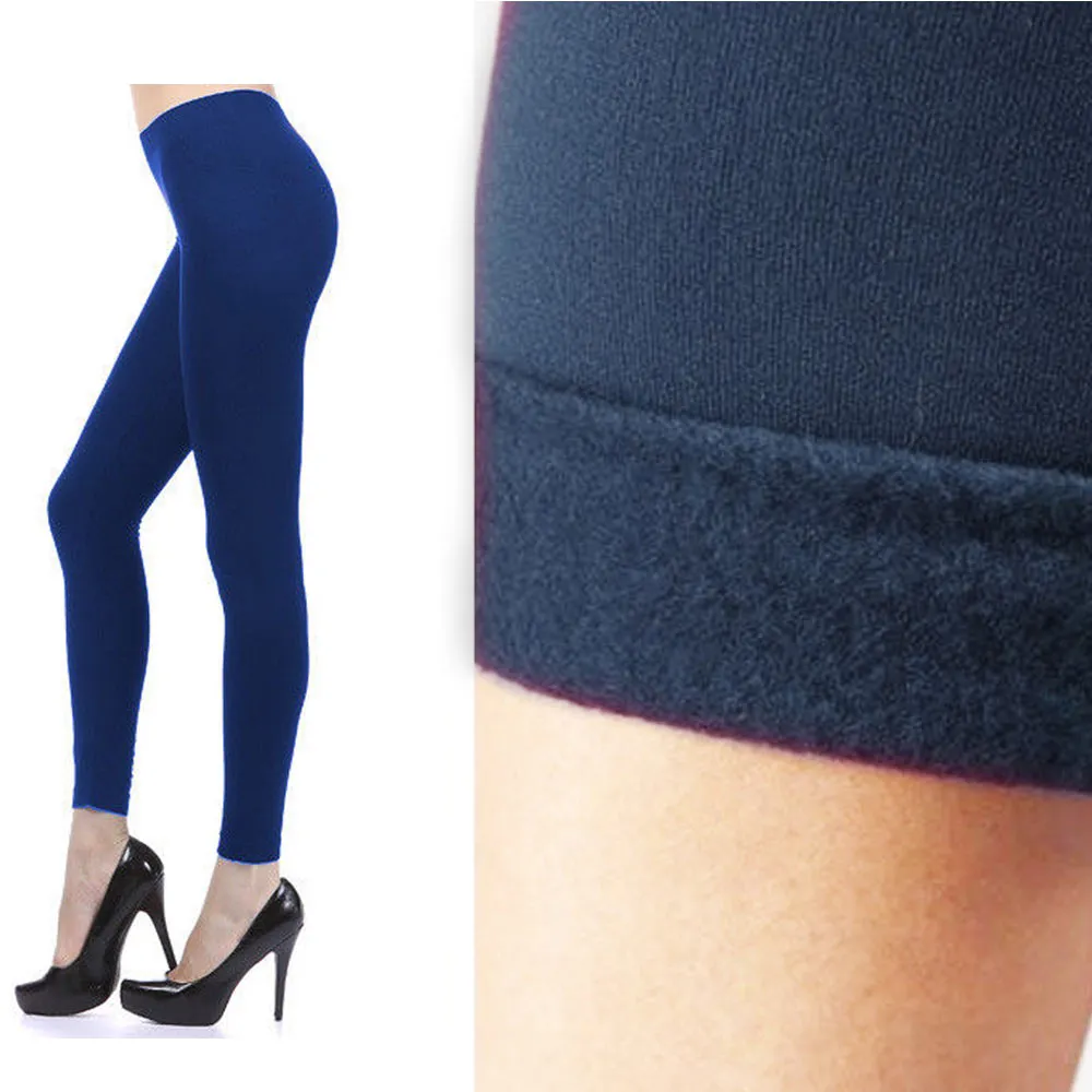 Seamles Leggings Capri Fleece Lined Thick Tight Warm Winter Footless Pants Blue