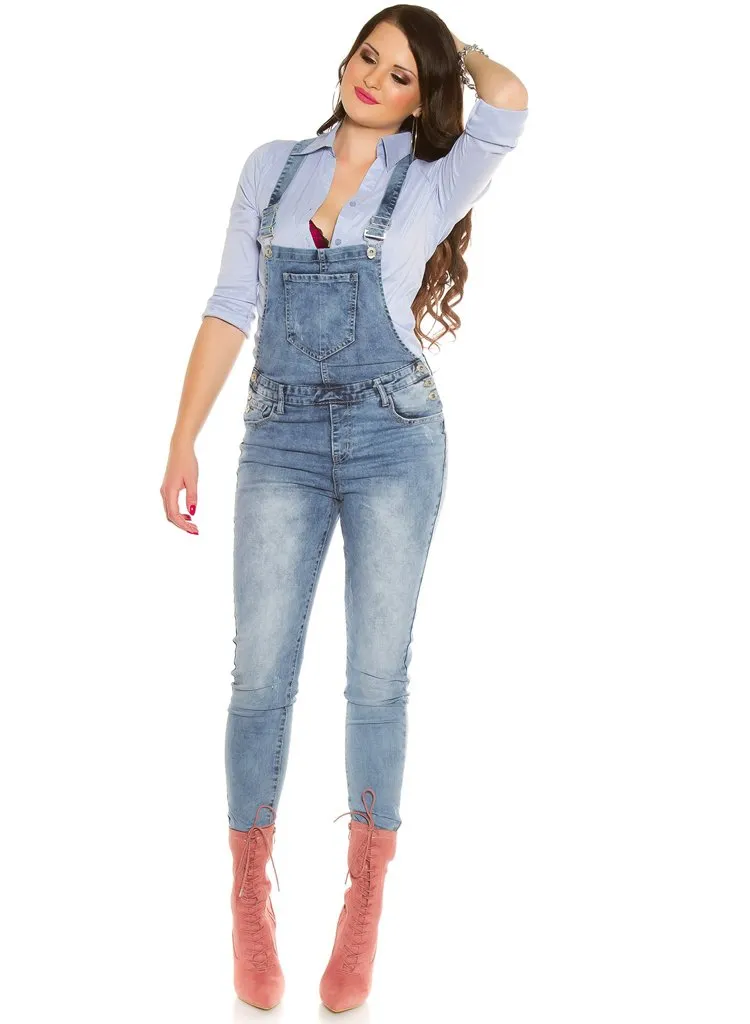 Sexy Curvy Girl Plus size Women's Blue denim faded Dungarees