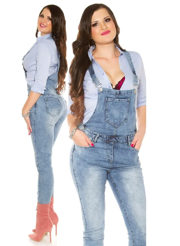Sexy Curvy Girl Plus size Women's Blue denim faded Dungarees