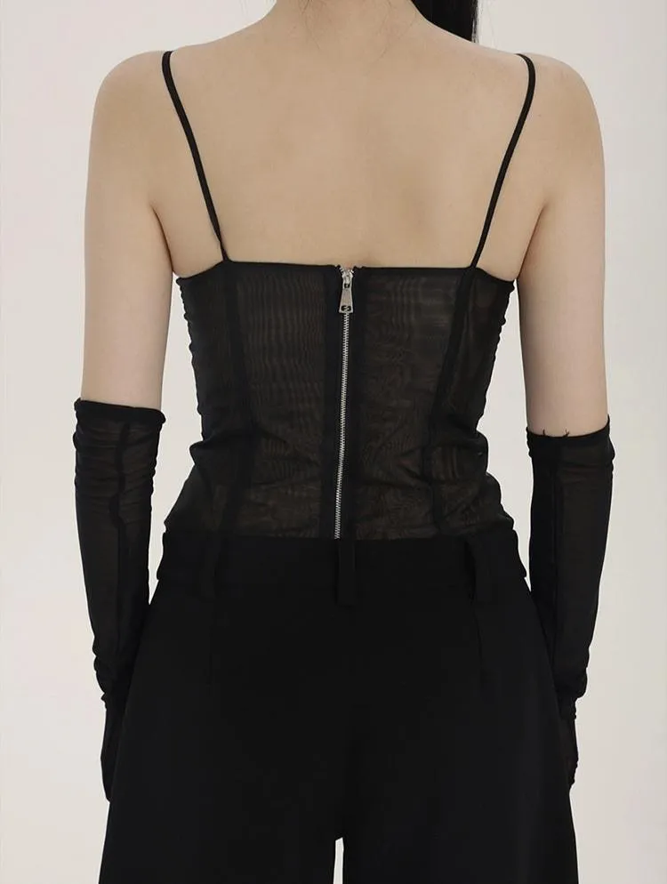 Sheer Sequin Sleeveless Camisole Top with Long Gloves