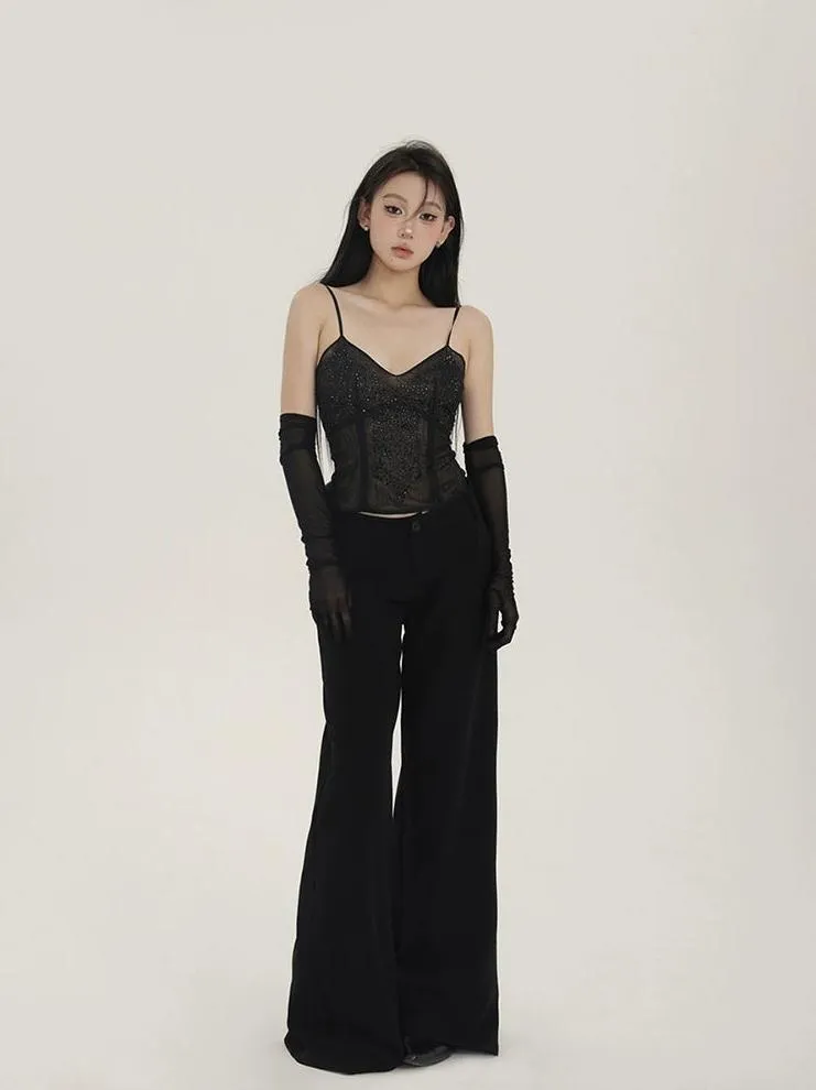 Sheer Sequin Sleeveless Camisole Top with Long Gloves
