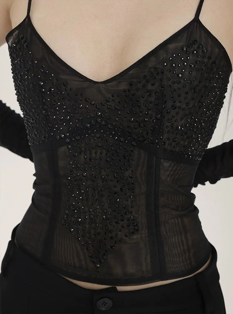 Sheer Sequin Sleeveless Camisole Top with Long Gloves