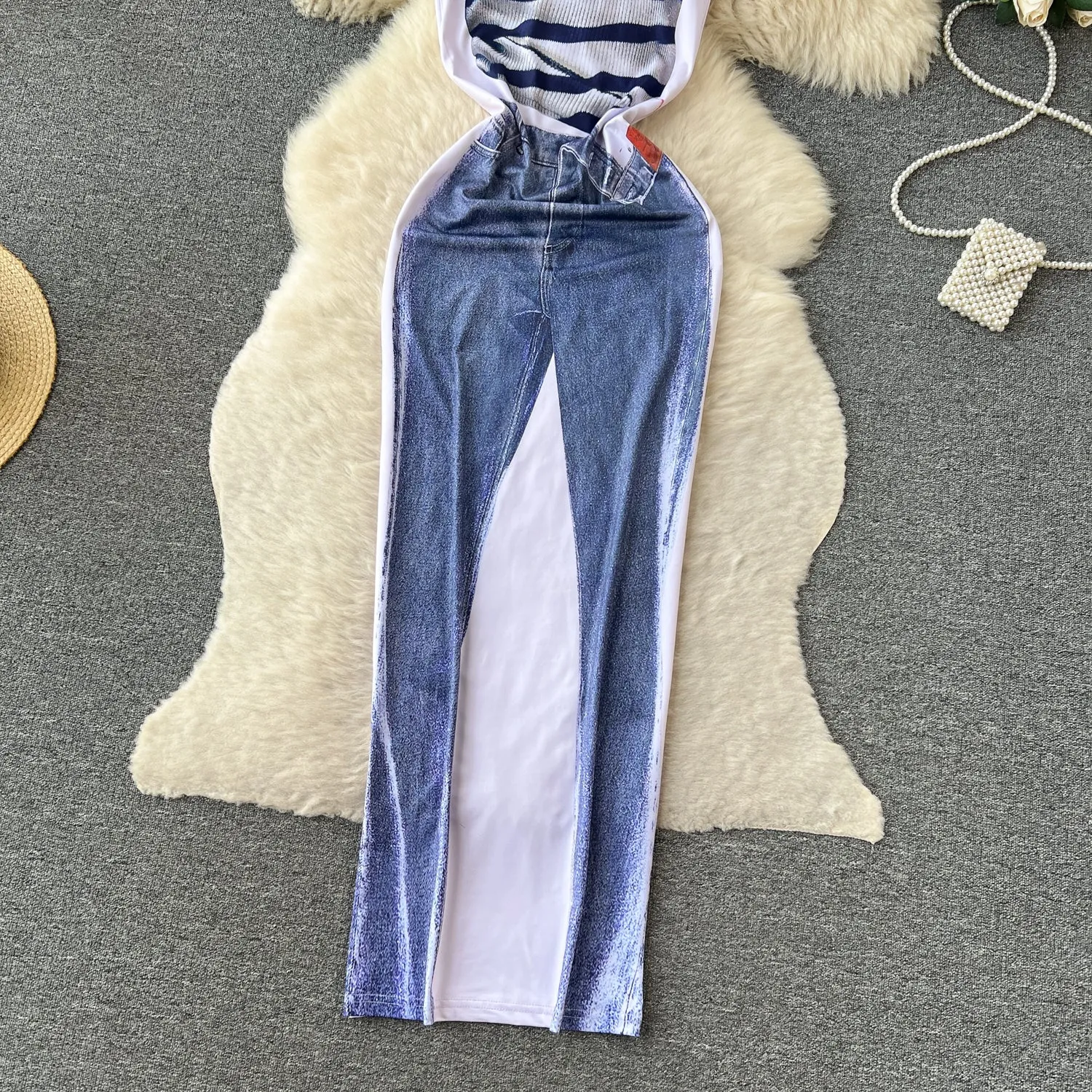 Sleeveless Printed Patchwork Denim Dress