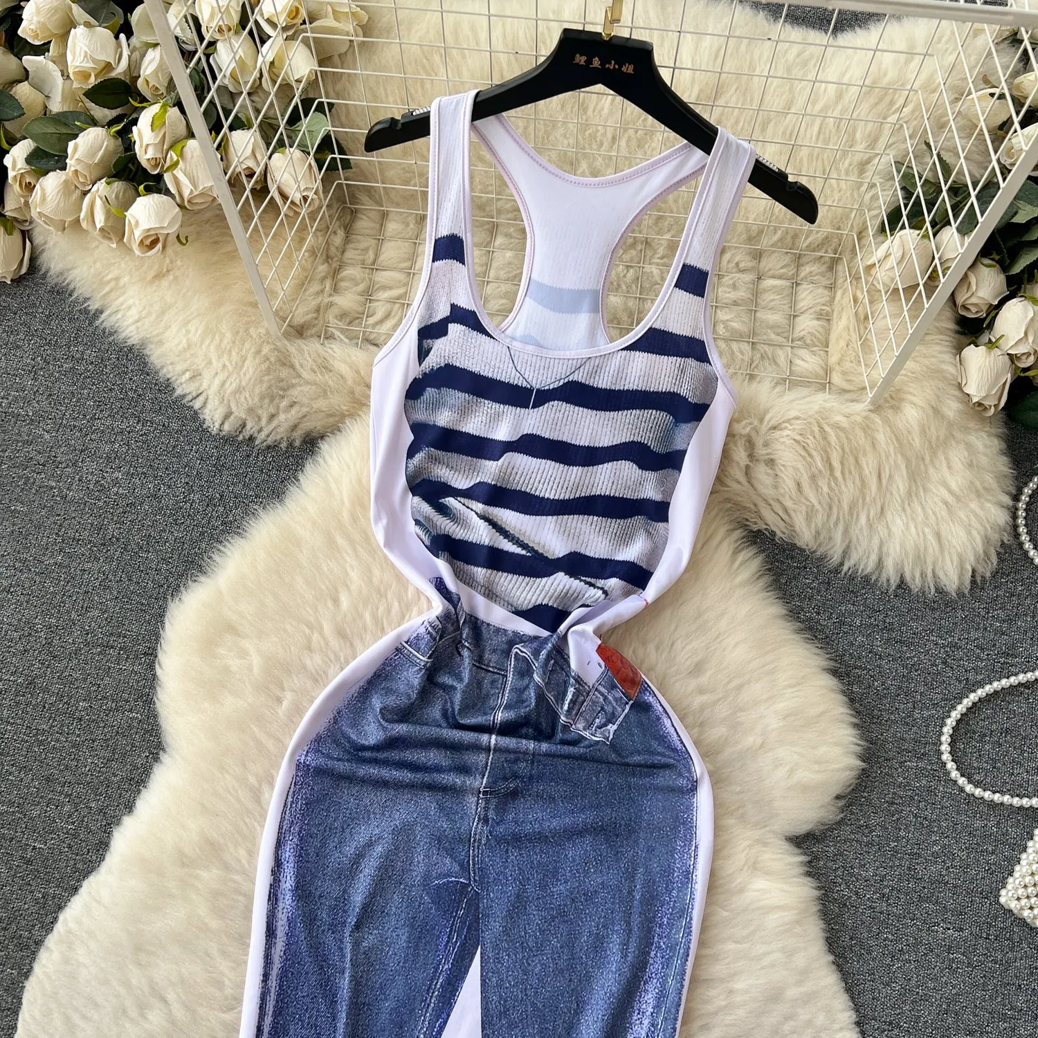 Sleeveless Printed Patchwork Denim Dress