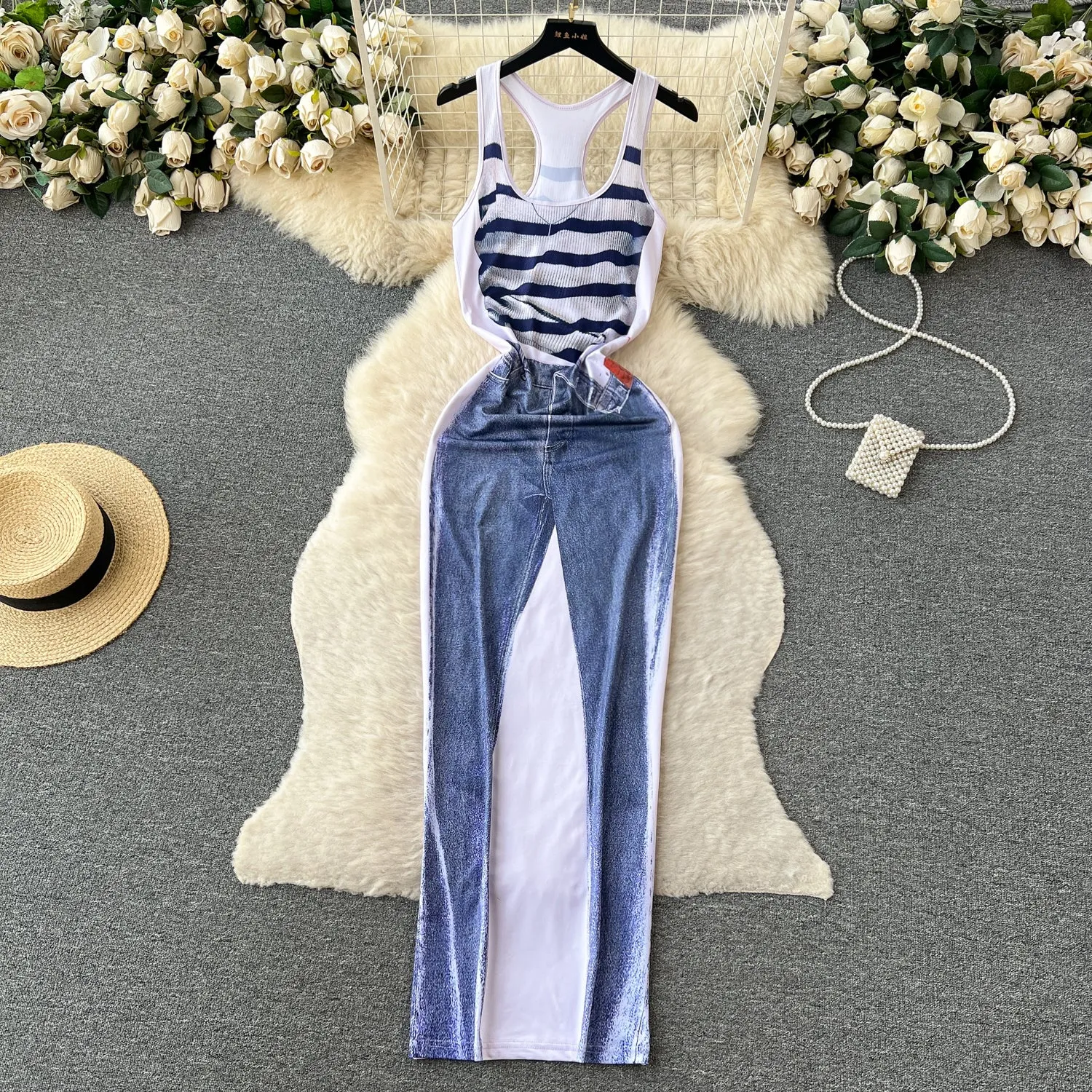 Sleeveless Printed Patchwork Denim Dress