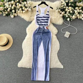 Sleeveless Printed Patchwork Denim Dress