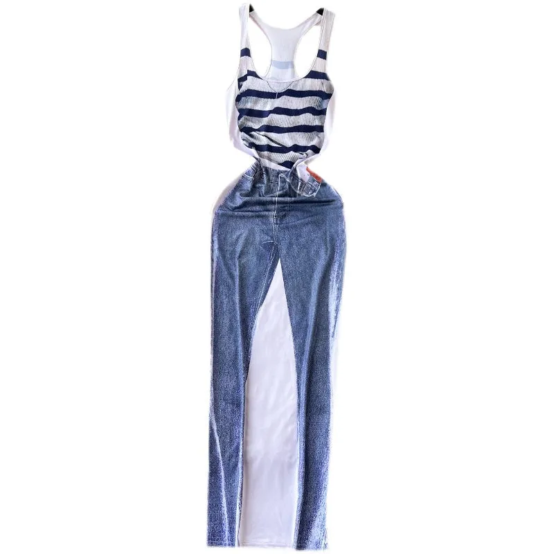 Sleeveless Printed Patchwork Denim Dress