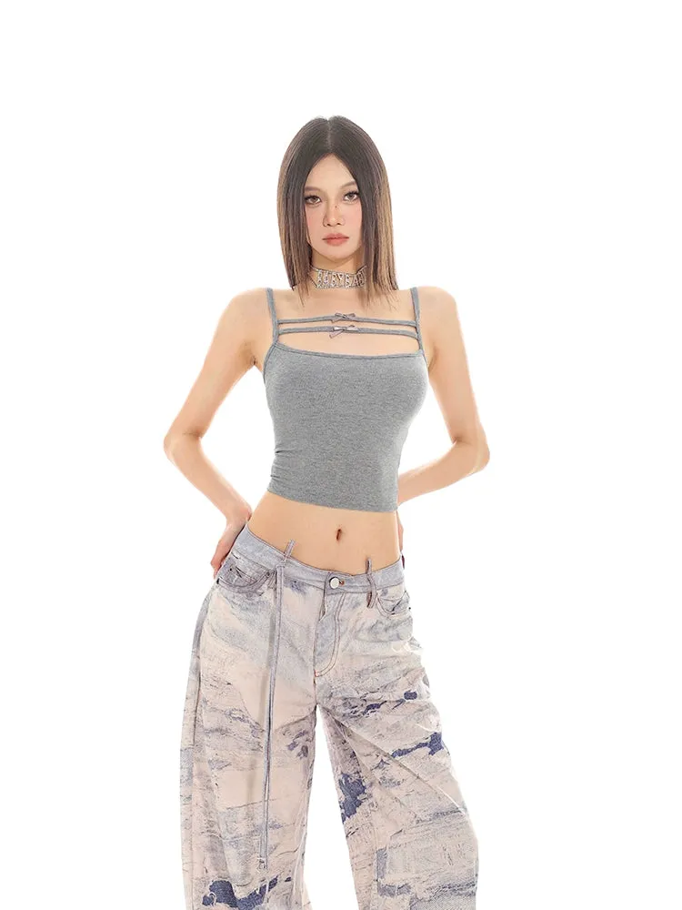 Sleeveless Strappy Crop Top with Lace Detail