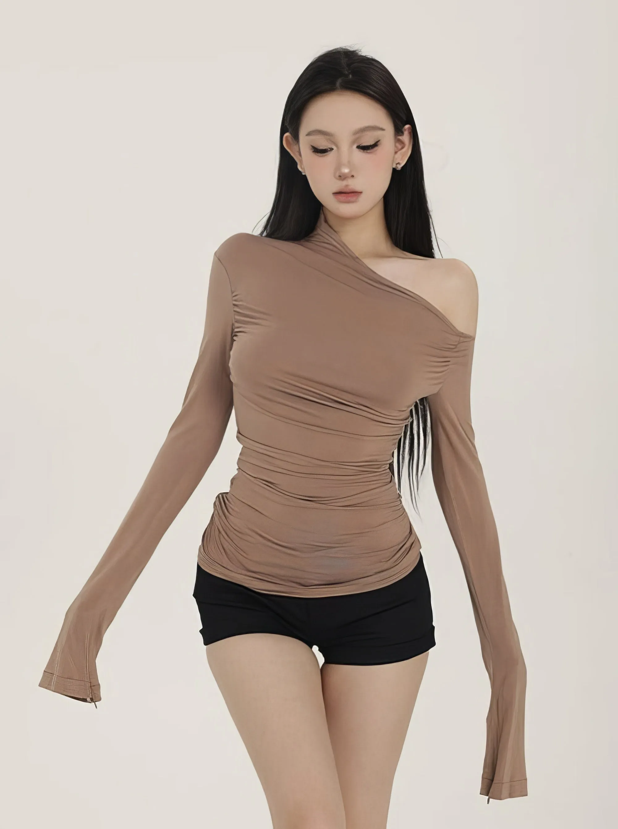 Slim One-Shoulder Ruched Long Sleeve Top