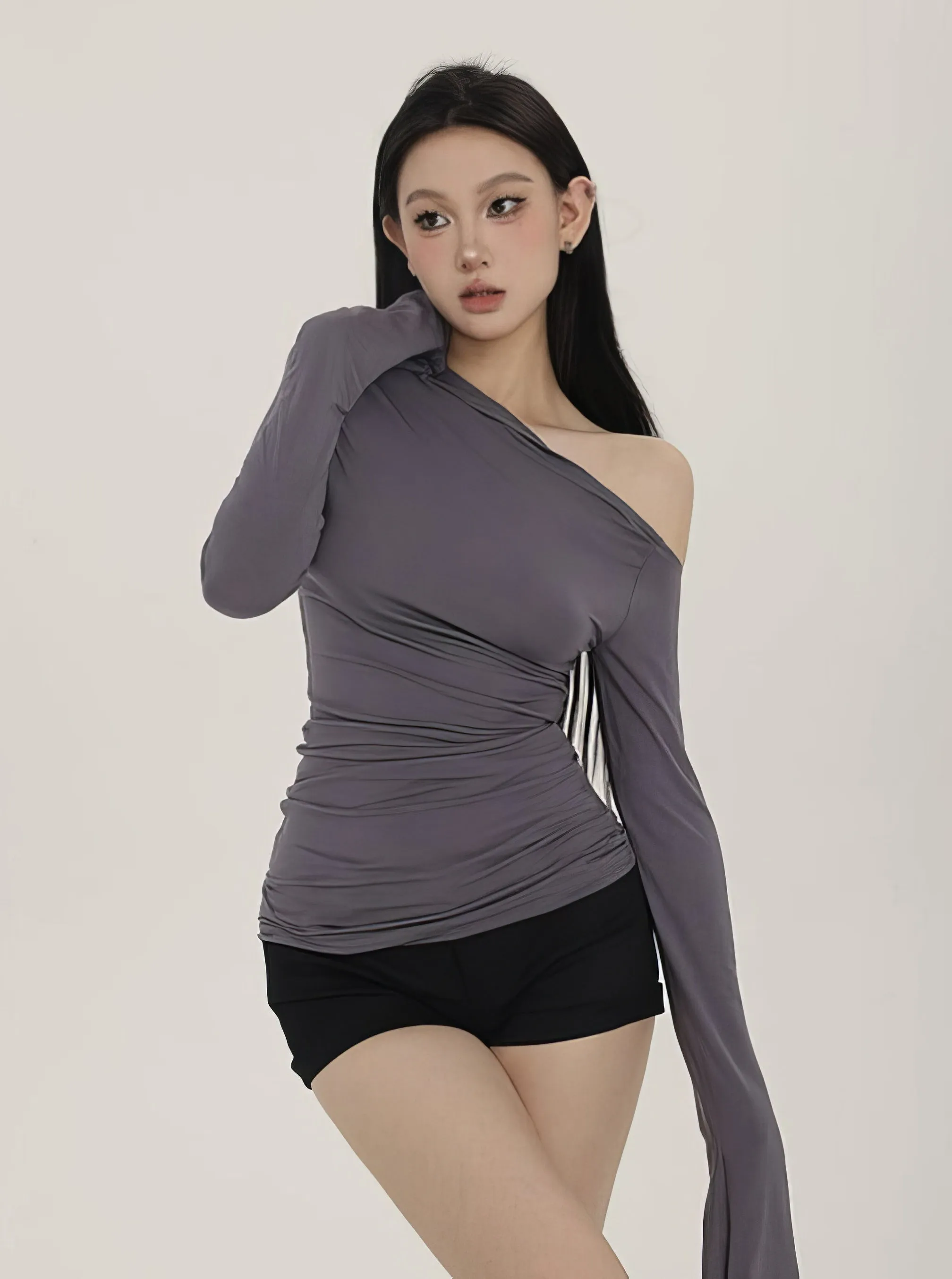 Slim One-Shoulder Ruched Long Sleeve Top