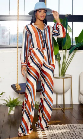 Stripe Satin Pants Set -  Rust